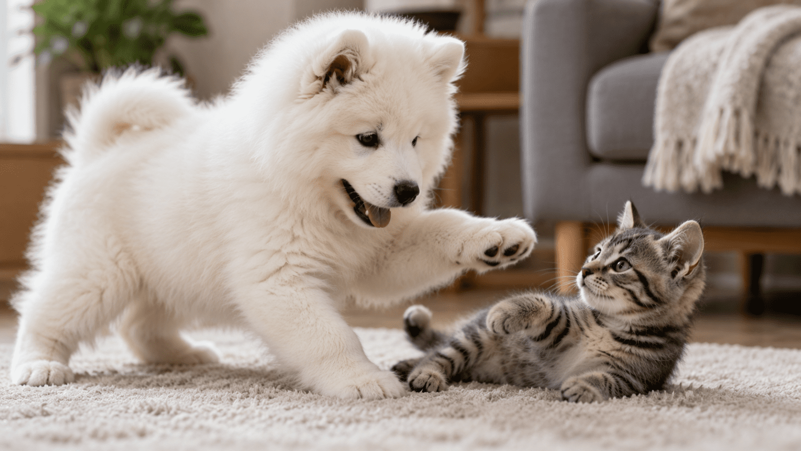 Samoyed Puppy playubg with a kitten